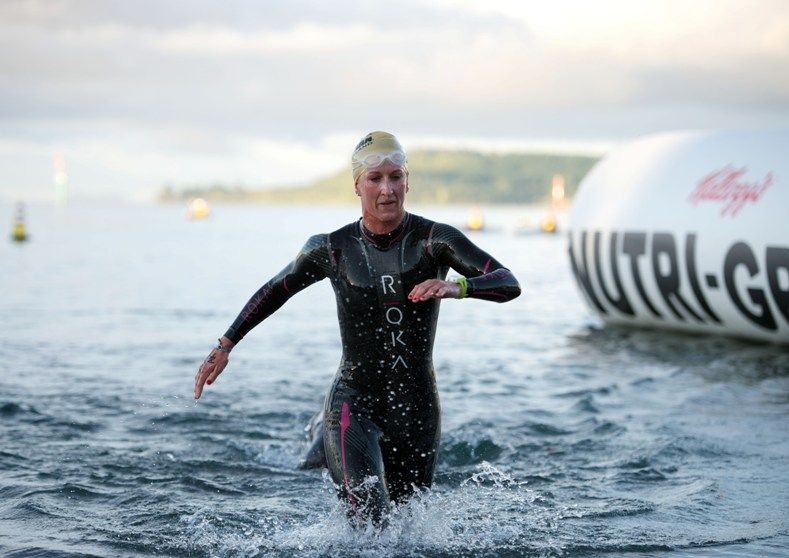 Meredith Kessler exiting the waters of Lake Taupo en route to the win at Ironman Nez Zealand this year. Photo: Daryl Carey