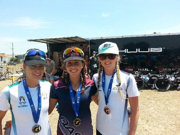 Women's podium: Brittany Dutton, Kelly-Ann Perkins, and Jaz Hedgeland Image Credit: The Event Crew
