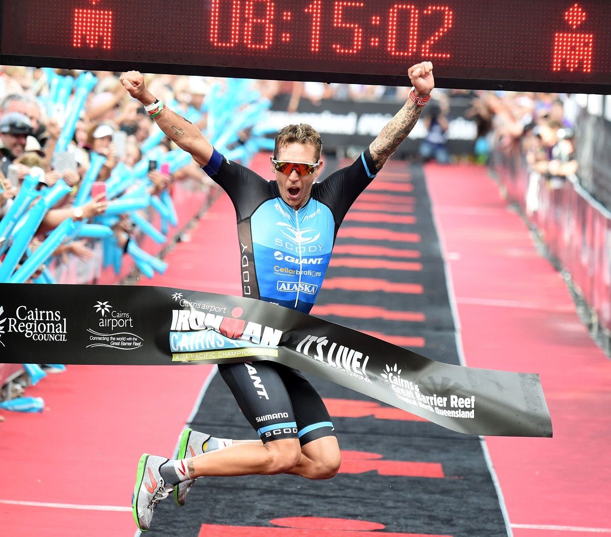 Tim Van Berkel can finally jump for joy in Cairns - Photo Credit: Delly Carr / Ironman